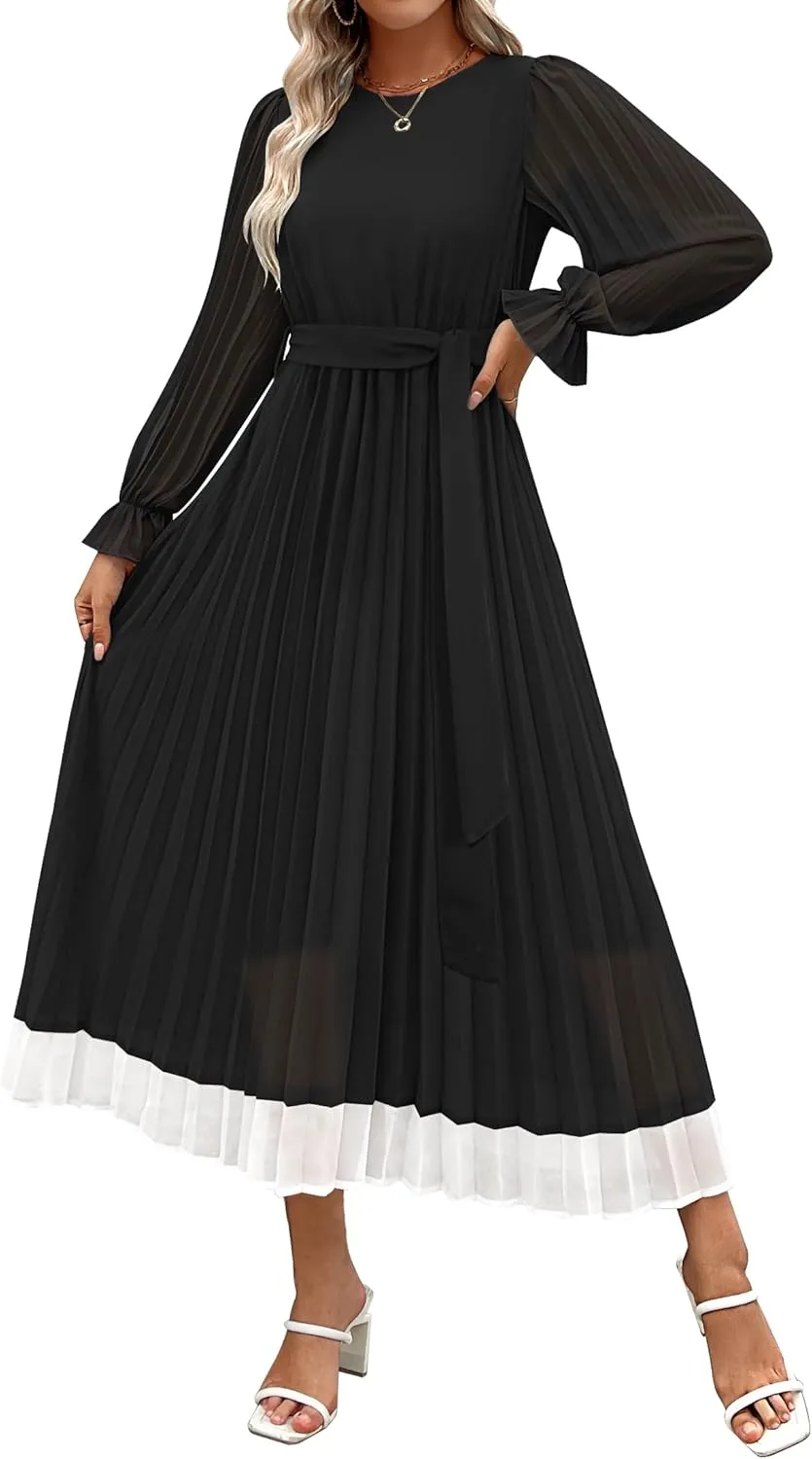 ZESICA Women's Spring Long Sleeve Chiffon Dress Casual Crew Neck Pleated A Line Flowy Midi Dresses with Belt