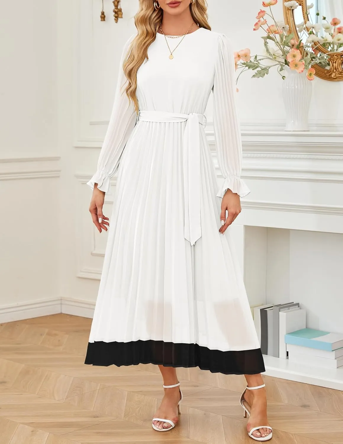 ZESICA Women's Spring Long Sleeve Chiffon Dress Casual Crew Neck Pleated A Line Flowy Midi Dresses with Belt