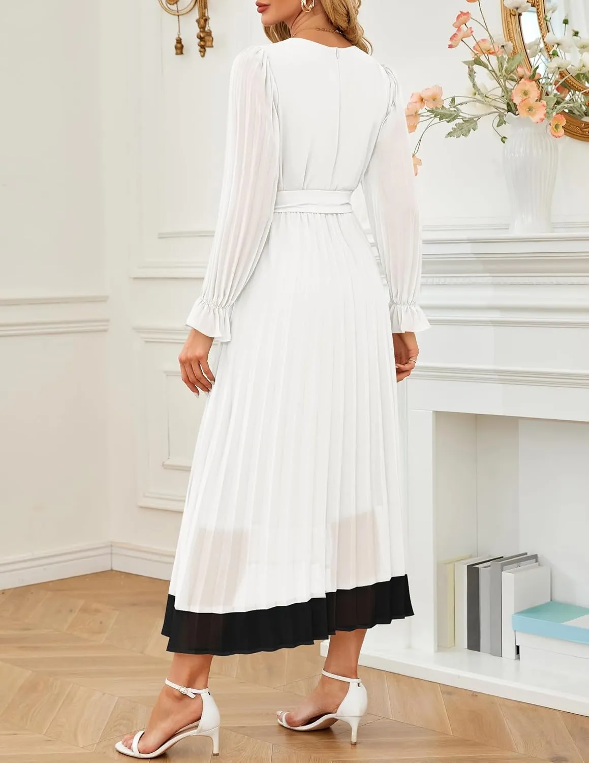 ZESICA Women's Spring Long Sleeve Chiffon Dress Casual Crew Neck Pleated A Line Flowy Midi Dresses with Belt