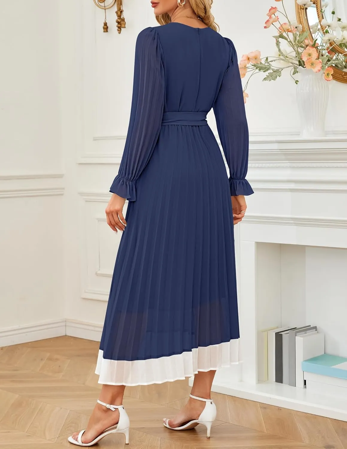 ZESICA Women's Spring Long Sleeve Chiffon Dress Casual Crew Neck Pleated A Line Flowy Midi Dresses with Belt