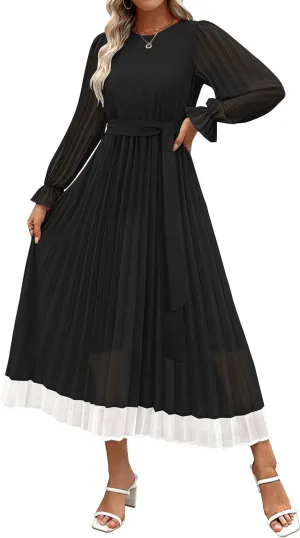 ZESICA Women's Spring Long Sleeve Chiffon Dress Casual Crew Neck Pleated A Line Flowy Midi Dresses with Belt
