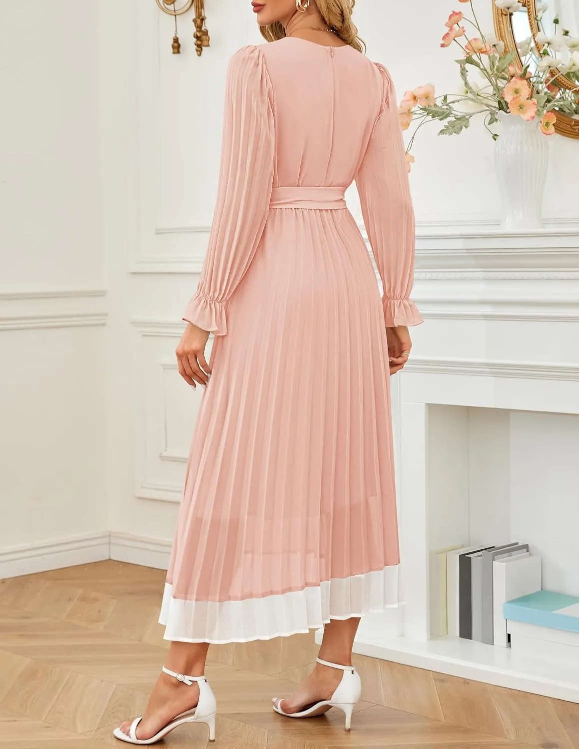 ZESICA Women's Spring Long Sleeve Chiffon Dress Casual Crew Neck Pleated A Line Flowy Midi Dresses with Belt