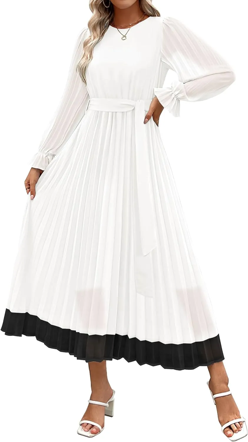 ZESICA Women's Spring Long Sleeve Chiffon Dress Casual Crew Neck Pleated A Line Flowy Midi Dresses with Belt