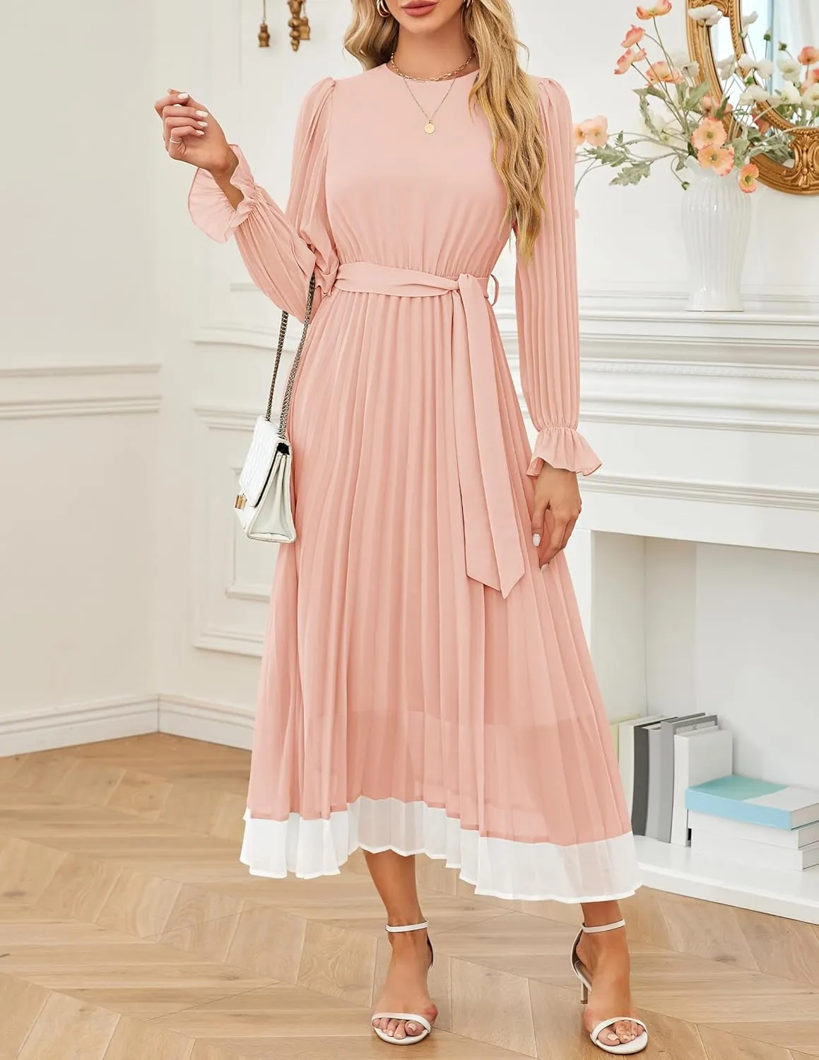 ZESICA Women's Spring Long Sleeve Chiffon Dress Casual Crew Neck Pleated A Line Flowy Midi Dresses with Belt