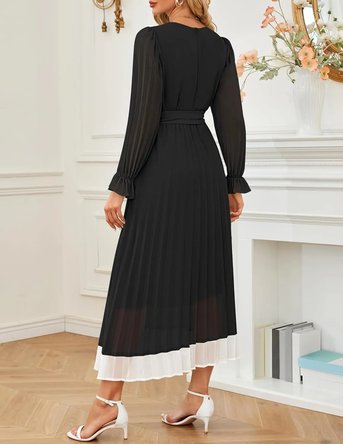 ZESICA Women's Spring Long Sleeve Chiffon Dress Casual Crew Neck Pleated A Line Flowy Midi Dresses with Belt