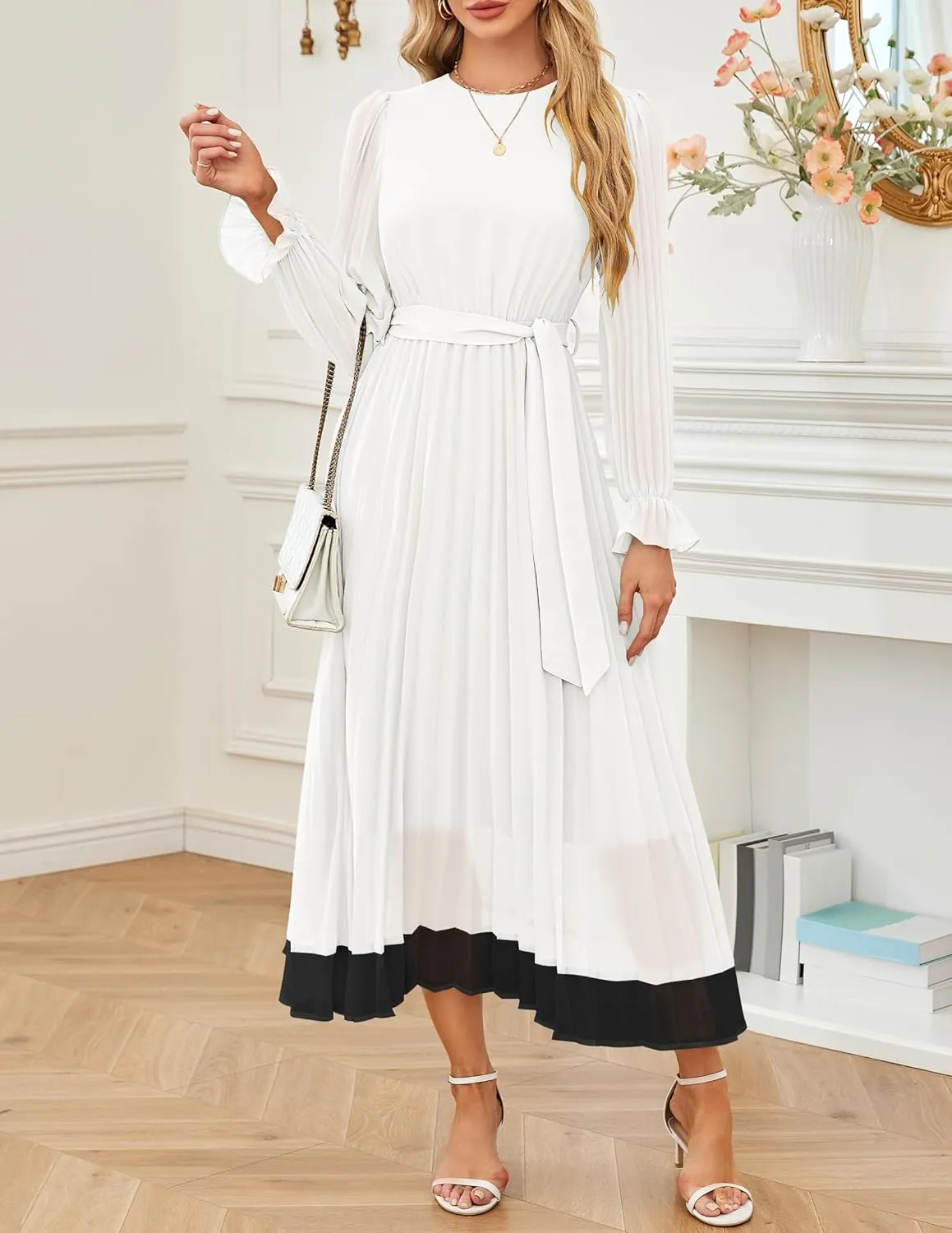 ZESICA Women's Spring Long Sleeve Chiffon Dress Casual Crew Neck Pleated A Line Flowy Midi Dresses with Belt