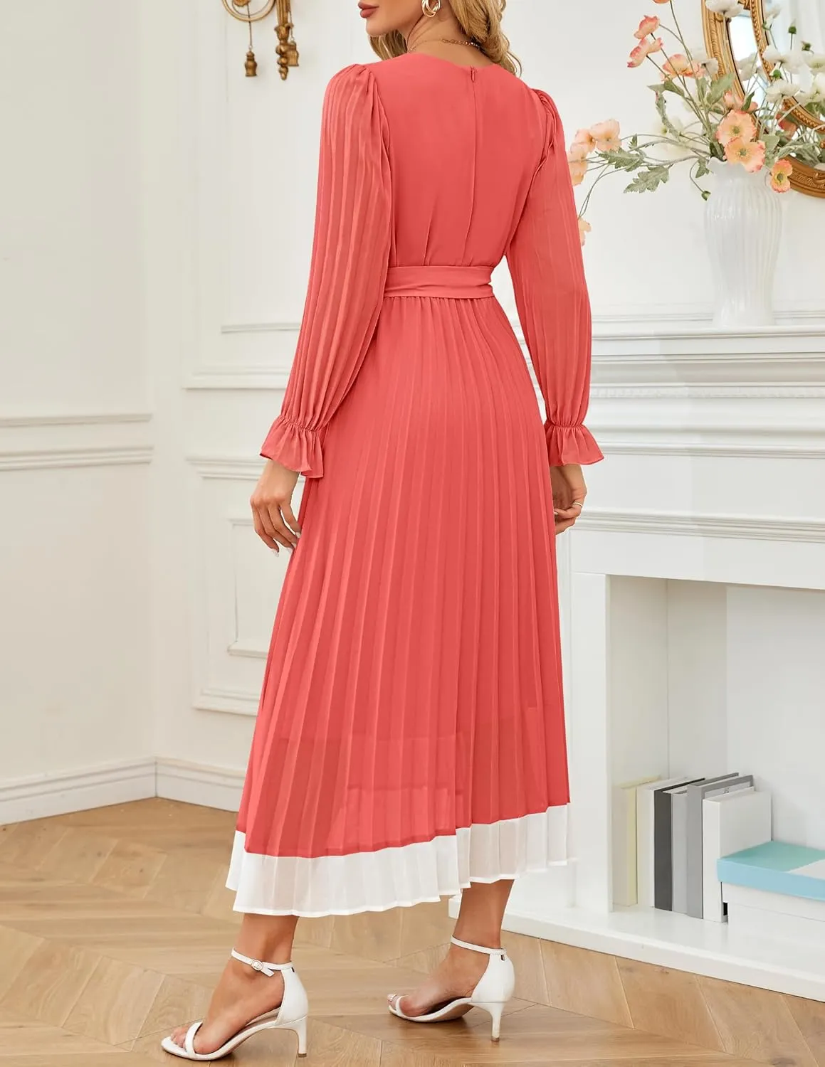 ZESICA Women's Spring Long Sleeve Chiffon Dress Casual Crew Neck Pleated A Line Flowy Midi Dresses with Belt