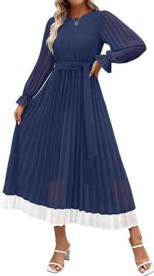 ZESICA Women's Spring Long Sleeve Chiffon Dress Casual Crew Neck Pleated A Line Flowy Midi Dresses with Belt