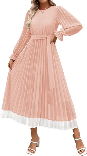 ZESICA Women's Spring Long Sleeve Chiffon Dress Casual Crew Neck Pleated A Line Flowy Midi Dresses with Belt