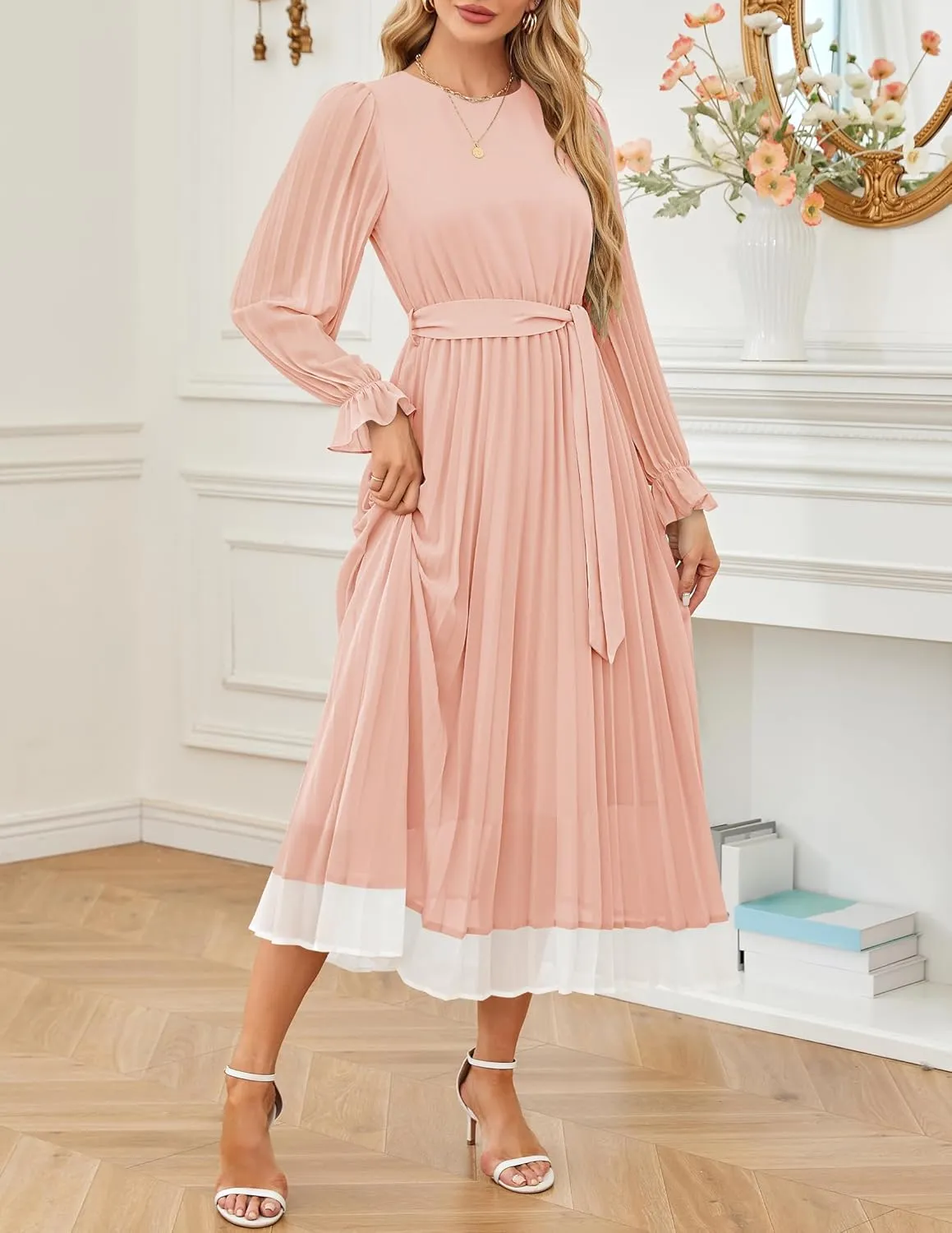 ZESICA Women's Spring Long Sleeve Chiffon Dress Casual Crew Neck Pleated A Line Flowy Midi Dresses with Belt